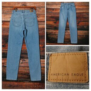 American Eagle Jeans 6 X-Long High Rise Mom Distressed Blue Denim Stretch
